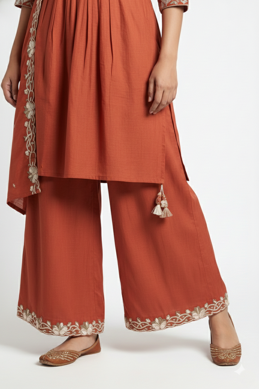 Rust Orange Embroidered Kurta Palazzo Dupatta Set | 3PC Festive Wear