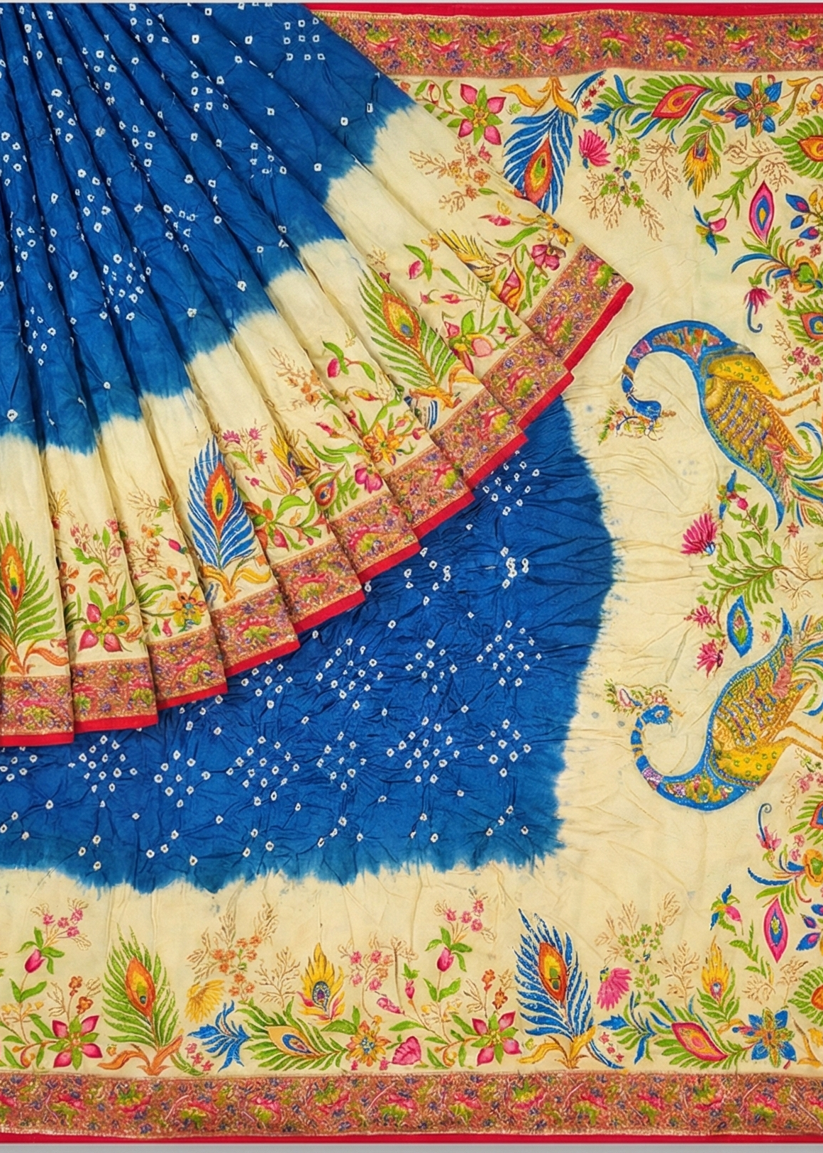 Mela Silk Cream and Royal Blue Bandhej Saree