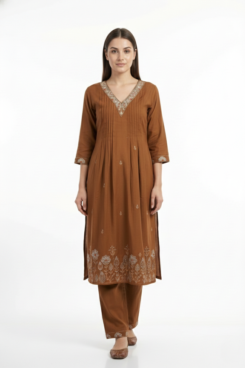 Rust Brown Pleated Kurta Pant Dupatta Set | Embroidered Neck & Hem | 3PC