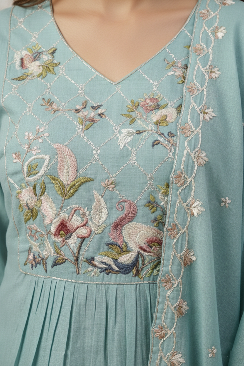 Sea Green Embroidered Kurti Palazzo Set with Dupatta | Premium 3PC Suit