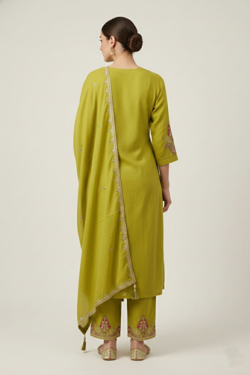 Mehendi Green Embroidered Suit Set with Dupatta | Kurti Pant 3PC