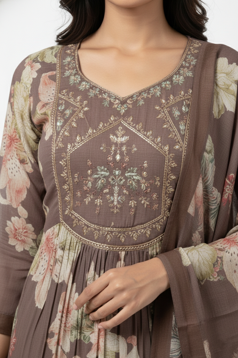 Chocolate Brown Floral Printed Cotton Poplin Suit | Mirror Work Neck | 3PC Set