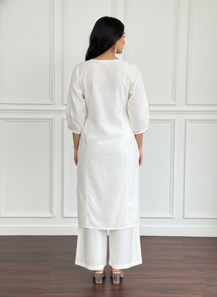 White Pure Cotton Kurti Palazzo Set – Comfortable Everyday Wear