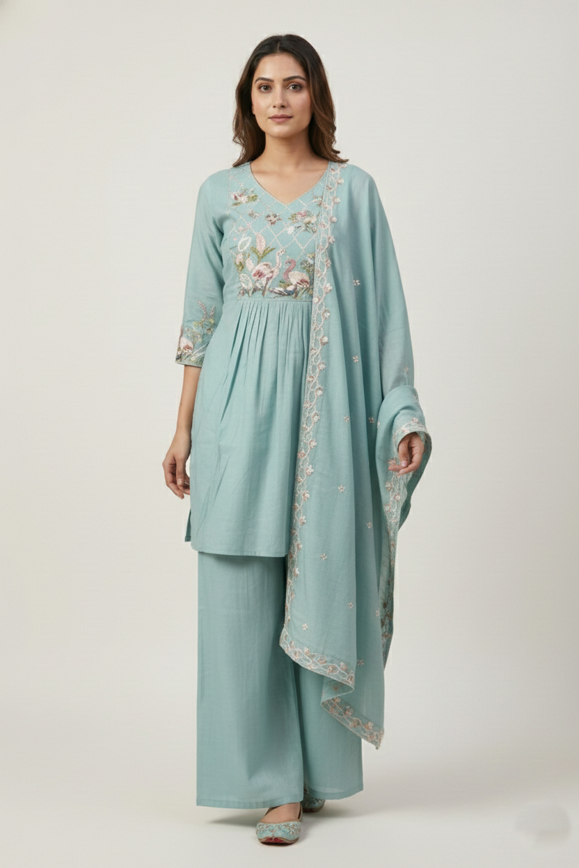 Sea Green Embroidered Kurti Palazzo Set with Dupatta | Premium 3PC Suit
