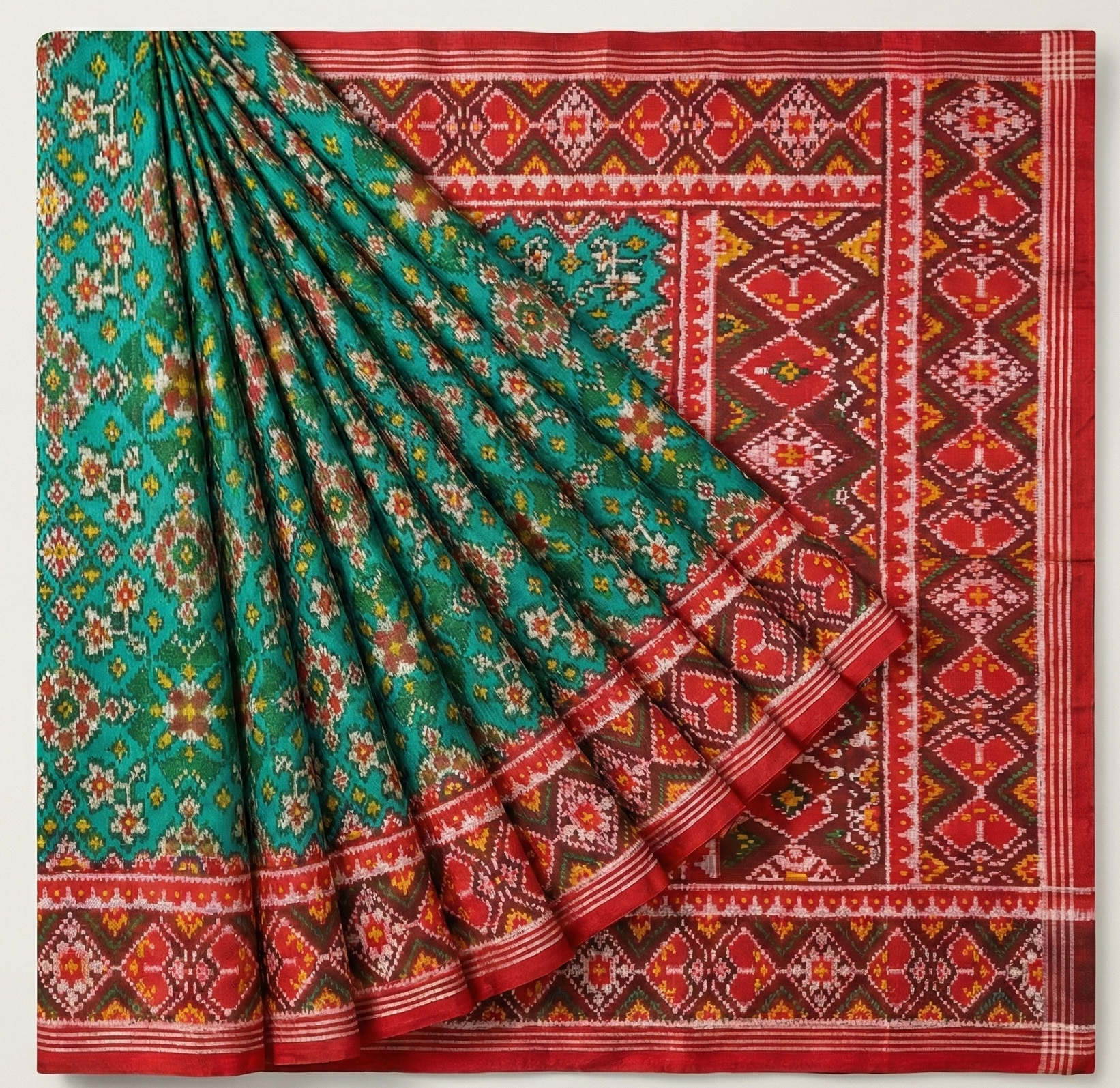 Green Twill Navratna Patola Silk Saree - Green