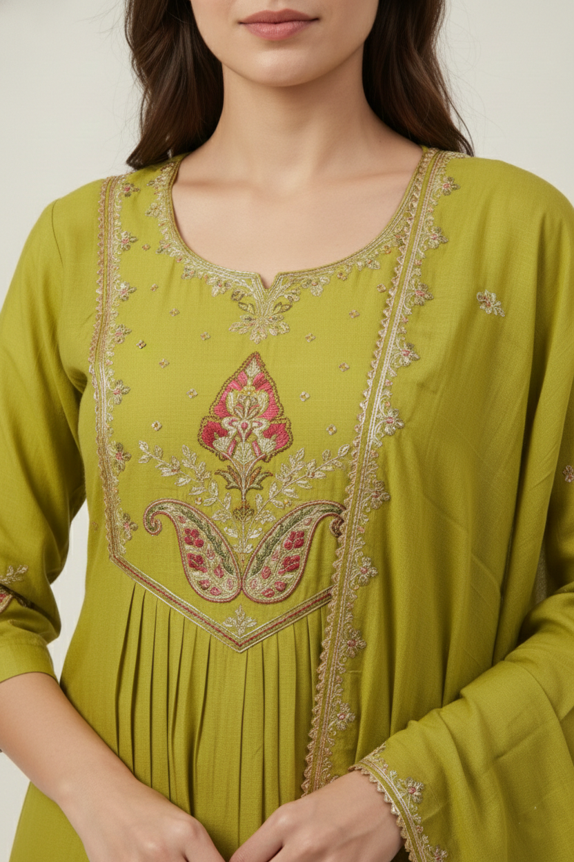 Mehendi Green Embroidered Suit Set with Dupatta | Kurti Pant 3PC