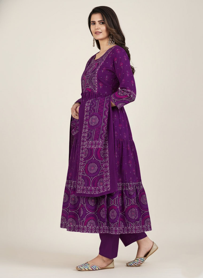 Purple Modal Bandhej Mirror Work 3-Piece Kurta Set with Dupatta – Festive Wear