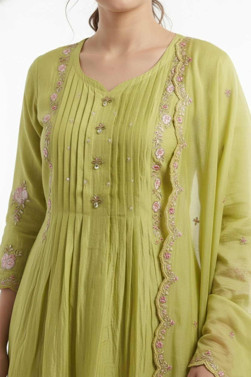Pista Green Pleated Kurti Palazzo Set with Embroidered Dupatta | 3PC Suit Set