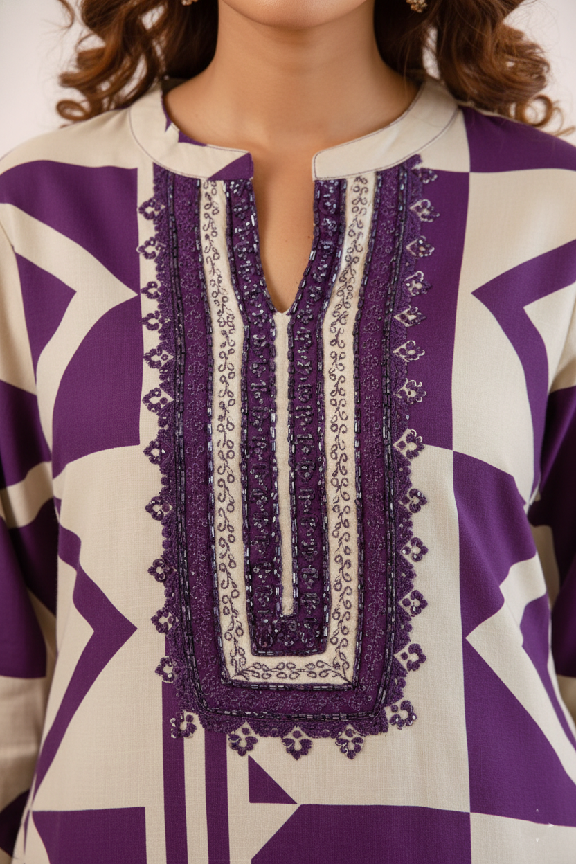 Purple Poplin Cotton Co-ord Set – Embroidered Neck Work Kurti Palazzo