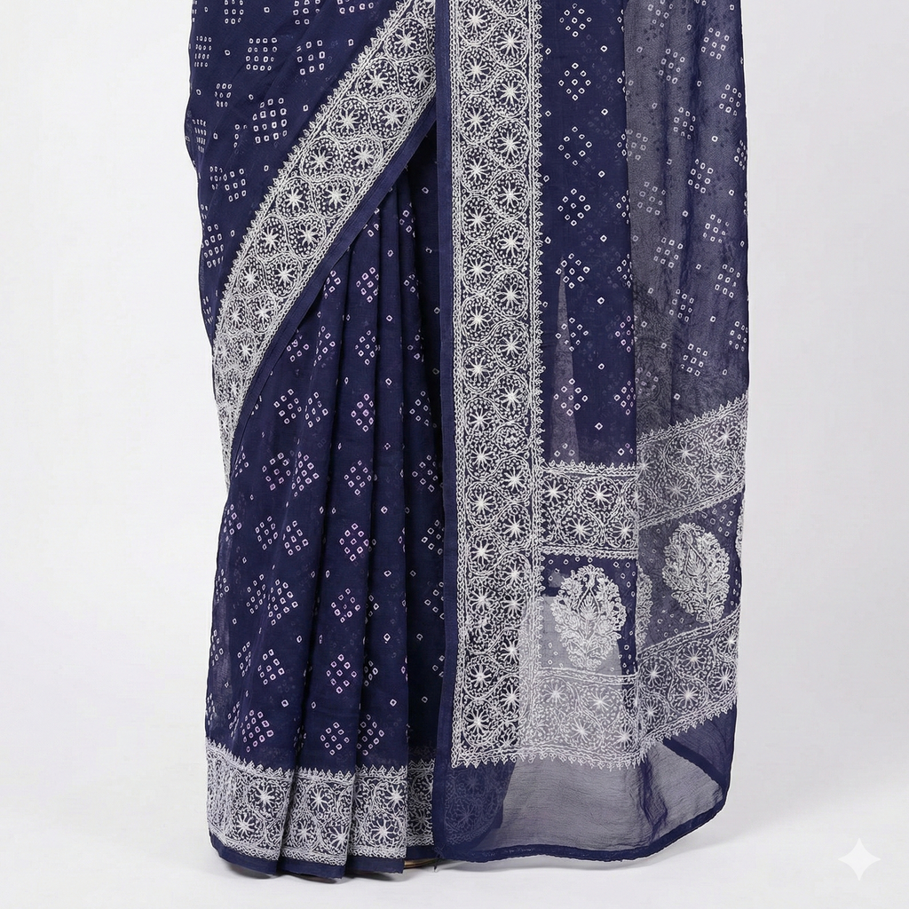 Zari Border Blue Bandhej Lucknowi Saree