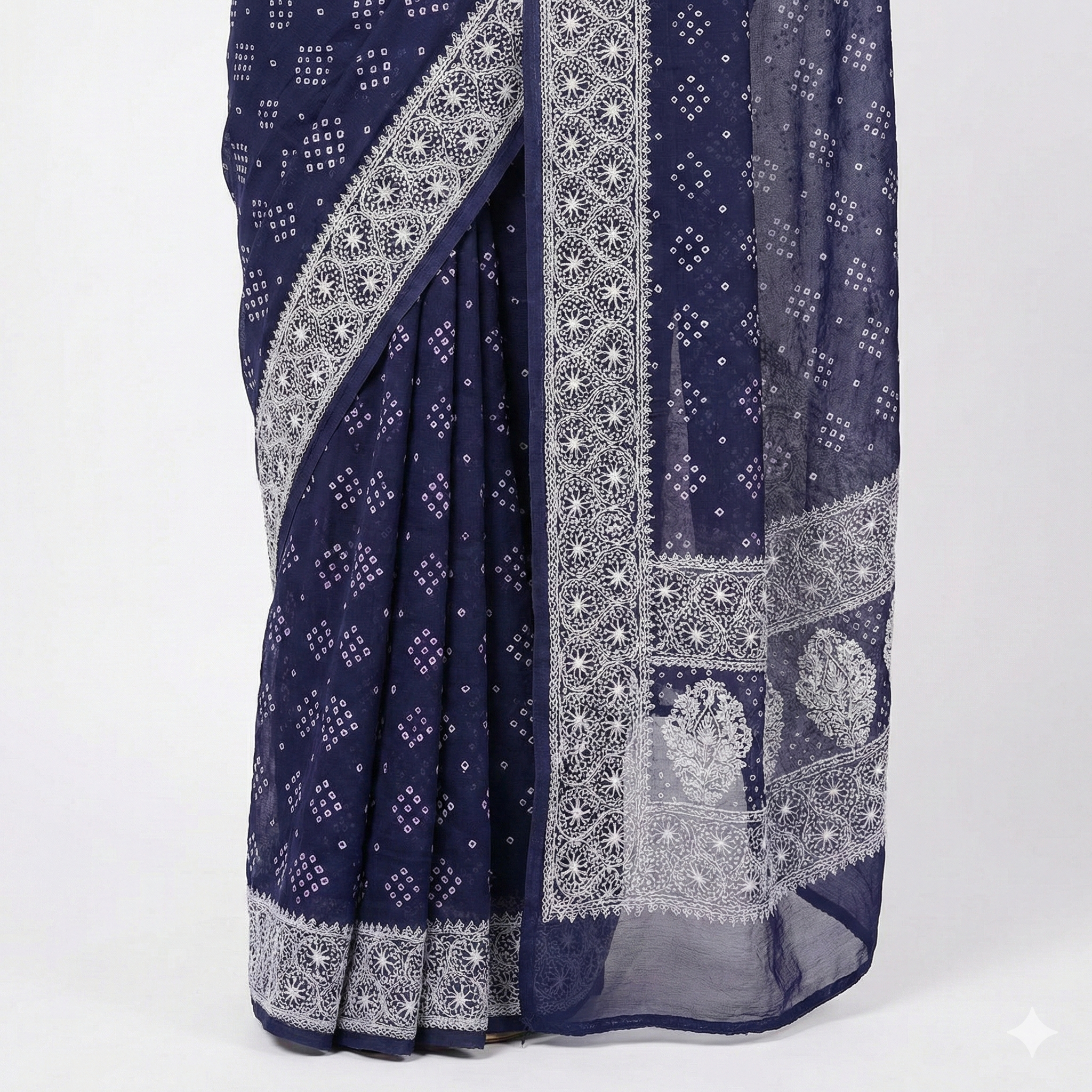 Zari Border Blue Bandhej Lucknowi Saree