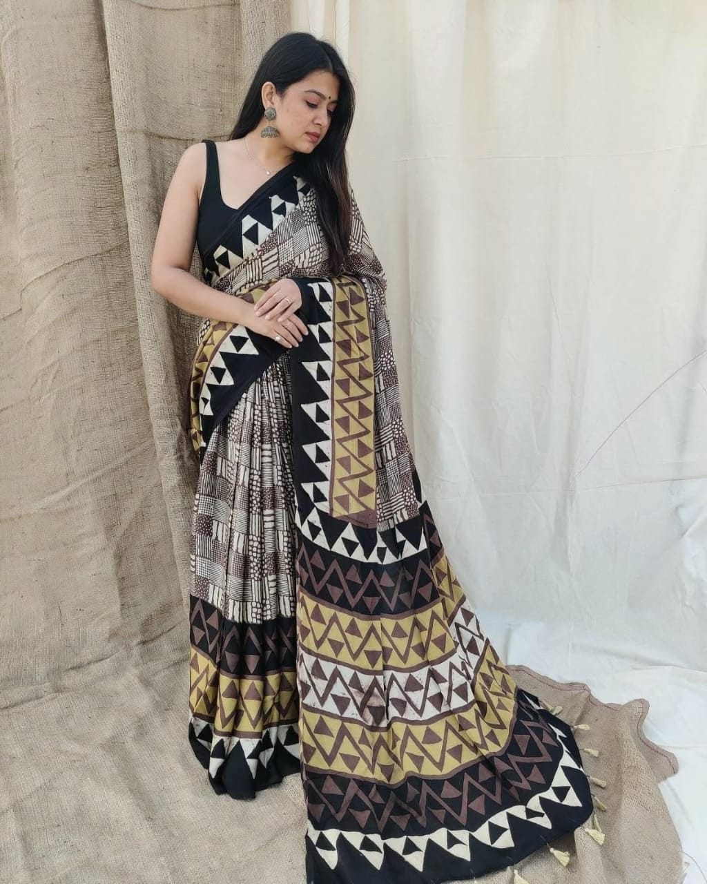 Black & Multi-Color Geometric Digital Print Saree Original Japan Satin (Devsena satin)