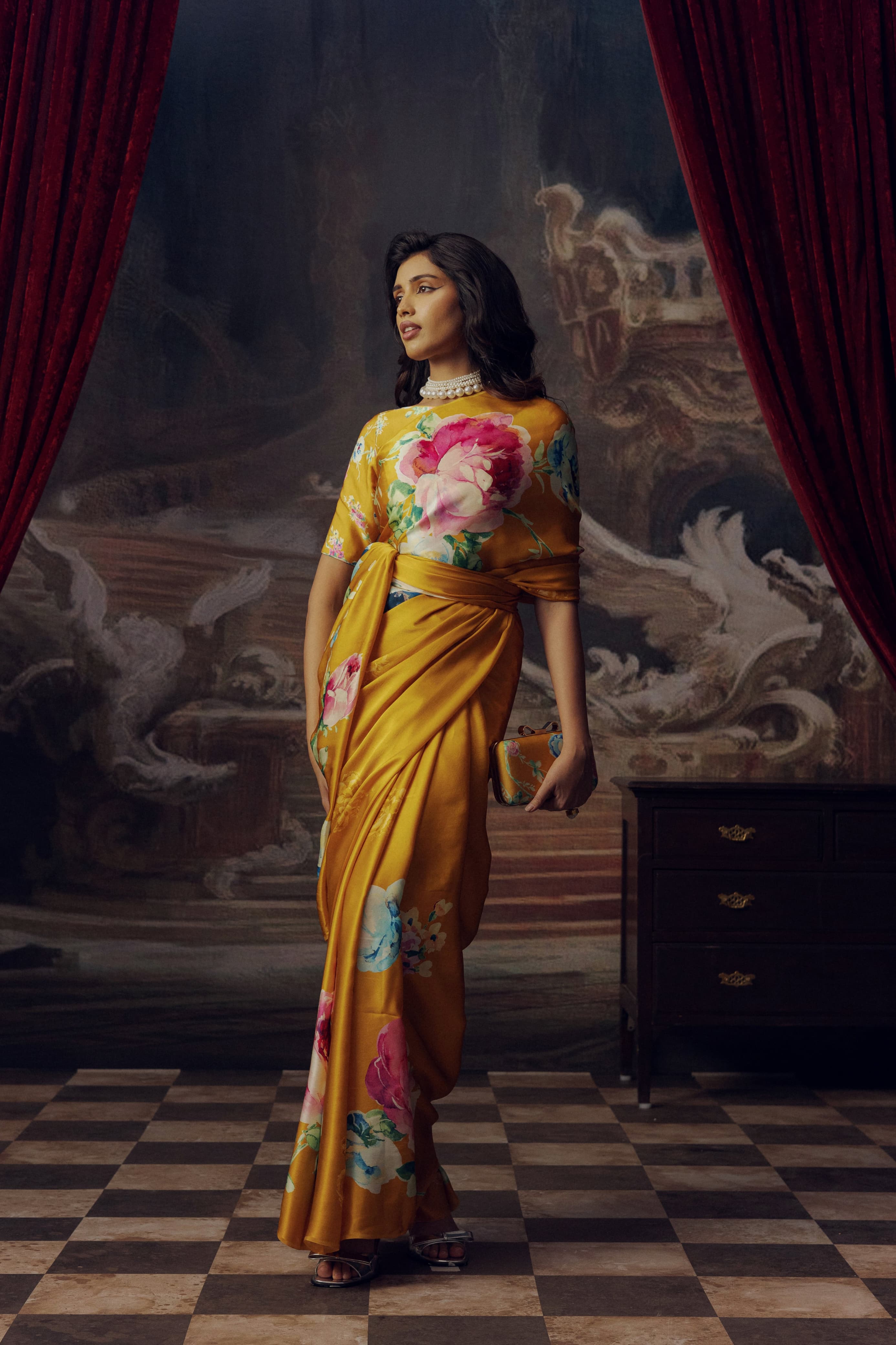 Firozi Floral Digital Printed  Original Japan Satin (Devsena satin)