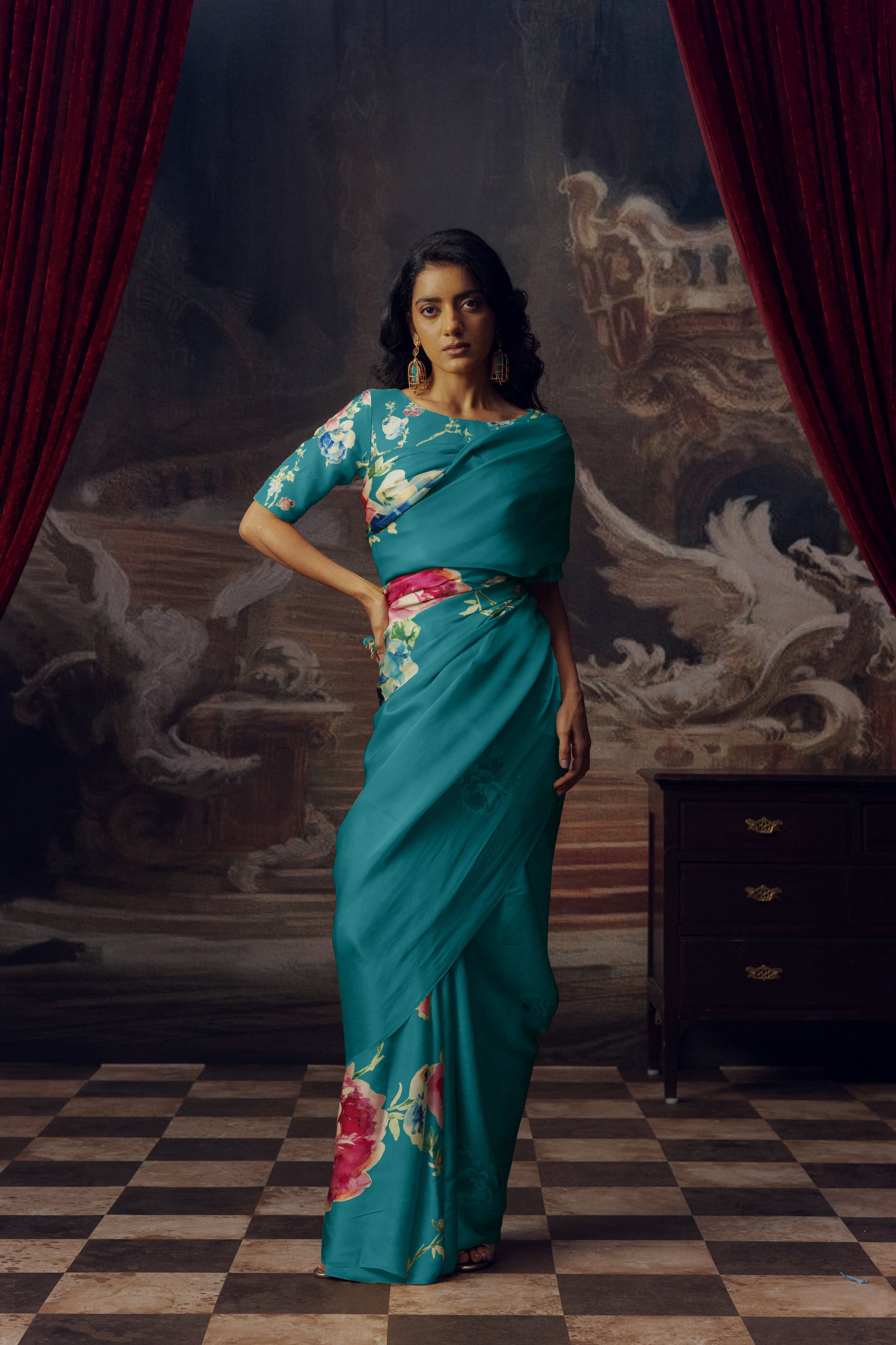 Firozi Floral Digital Printed  Original Japan Satin (Devsena satin)