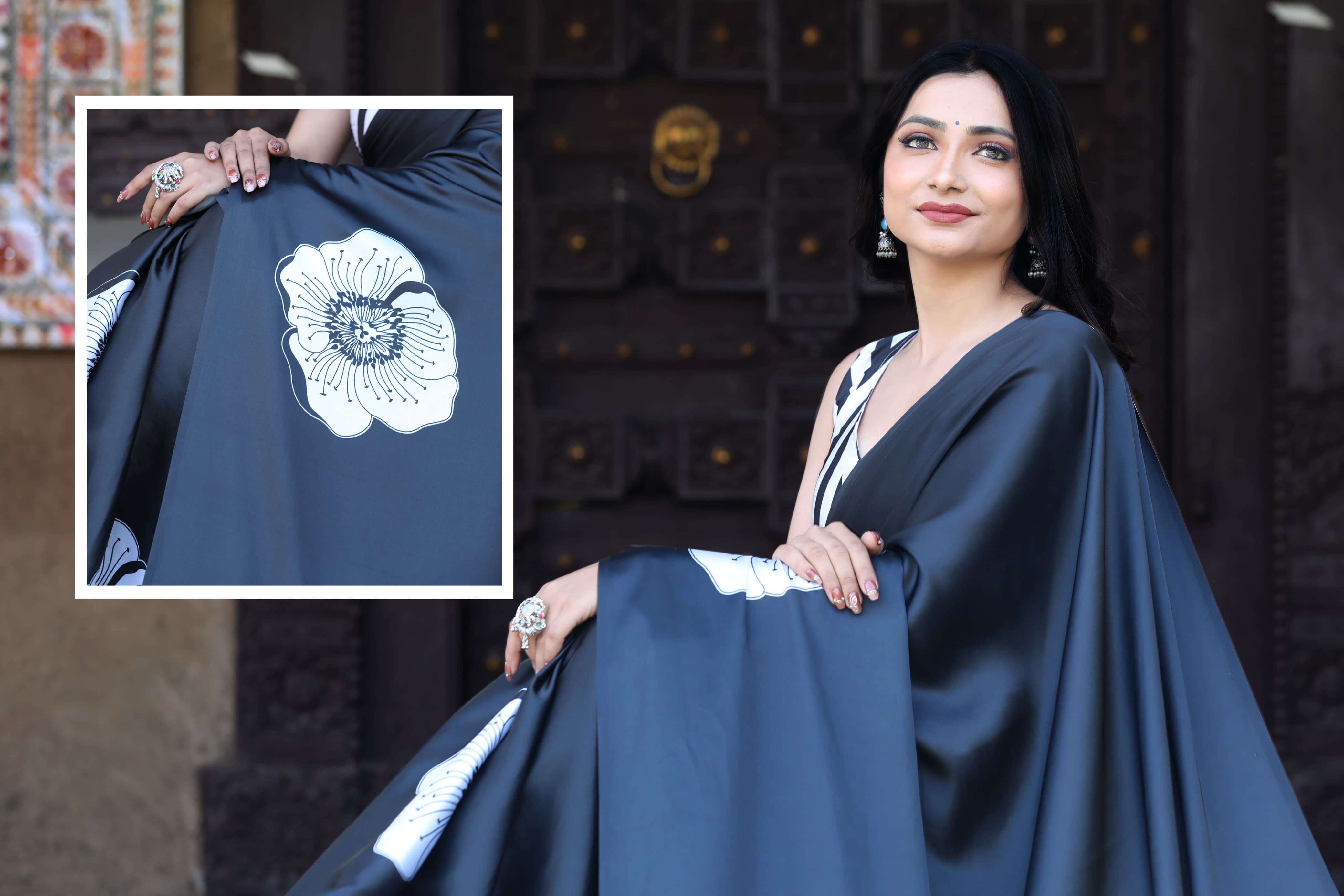 Satin Saree with Oversized White Floral Digital Print  Original Japan Satin (Devsena satin)