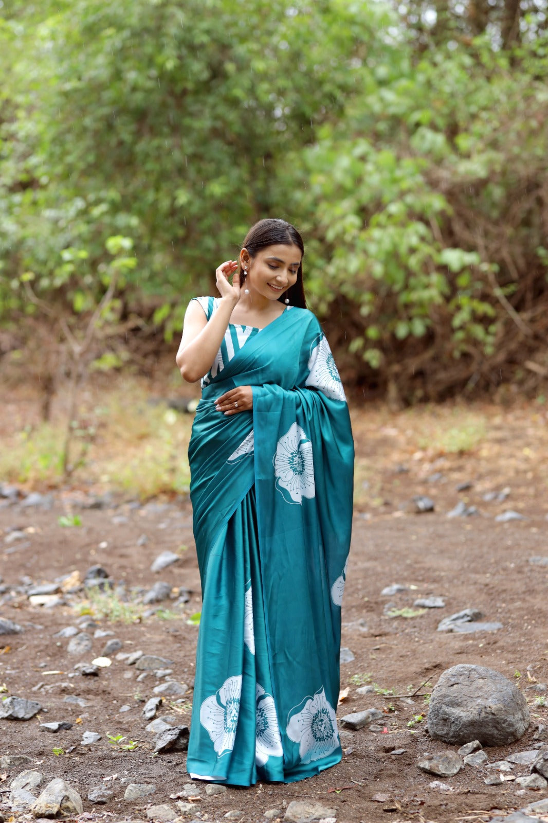 Satin Saree with Oversized White Floral Digital Print  Original Japan Satin (Devsena satin)