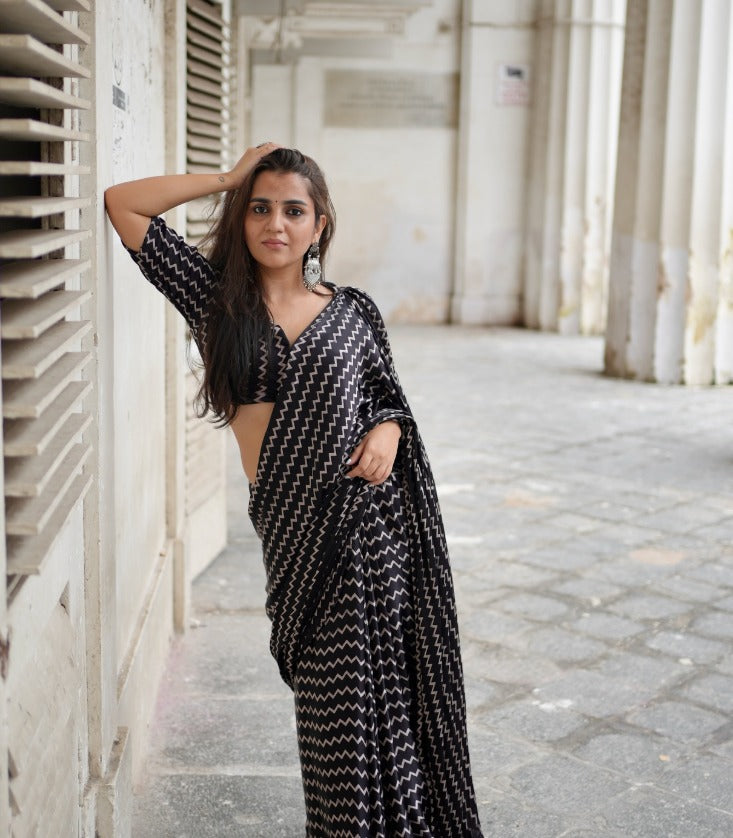 Designer Black Zig-Zag Pattern Printed Casual/Party Saree  Original Japan Satin (Devsena satin)