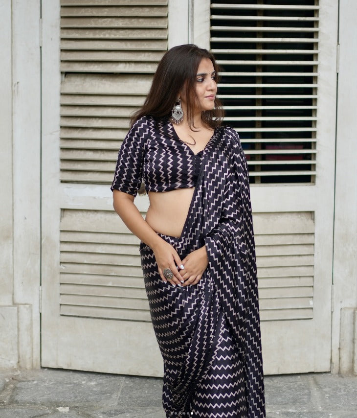 Designer Black Zig-Zag Pattern Printed Casual/Party Saree  Original Japan Satin (Devsena satin)