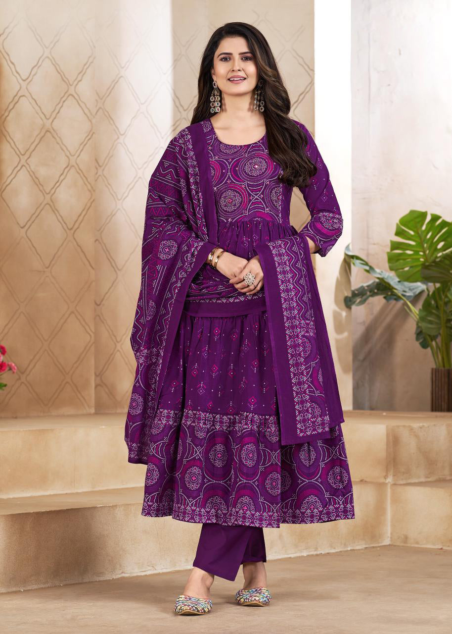 Purple Modal Bandhej Mirror Work 3-Piece Kurta Set with Dupatta – Festive Wear