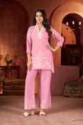 Pink Cotton-Viscose Embroidered Kurti Pant Set – Stylish Ethnic Co-ord