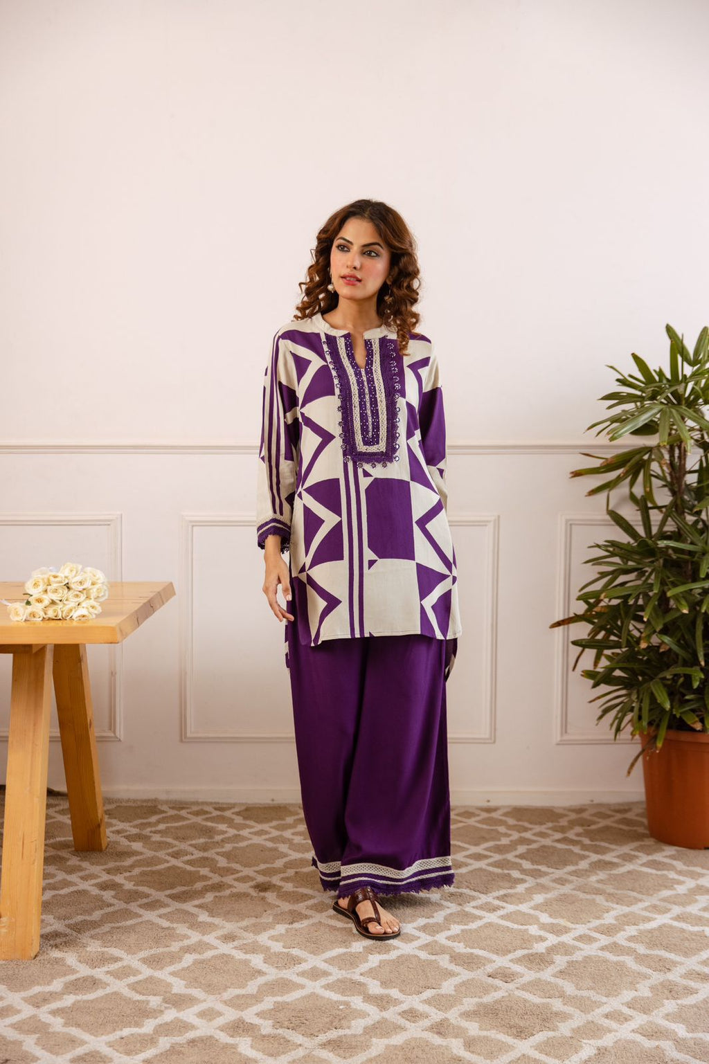 Purple Poplin Cotton Co-ord Set – Embroidered Neck Work Kurti Palazzo