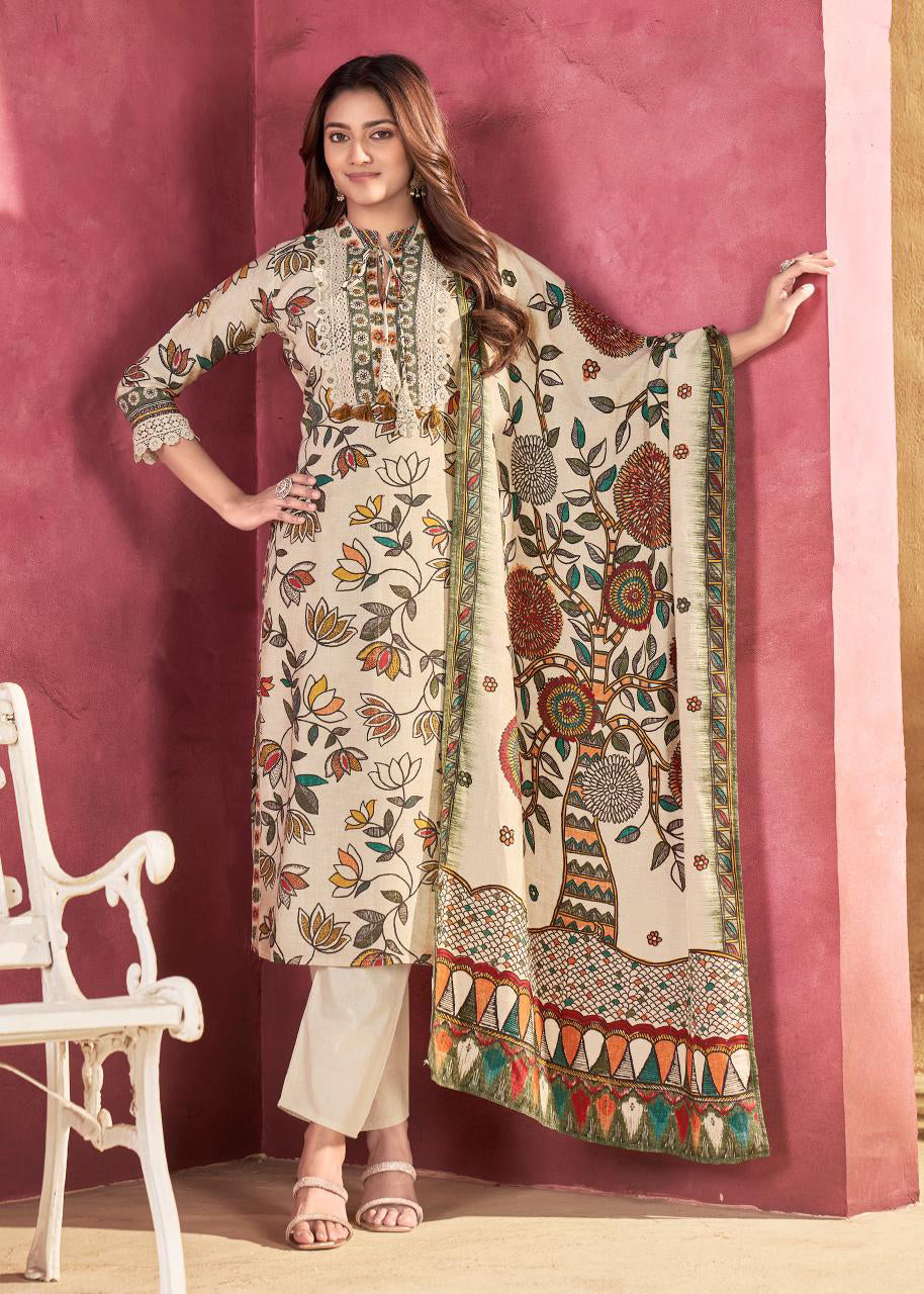 Multicolor Surat Cotton Embroidered Kurta 3-Piece Set with Dupatta – Floral Print