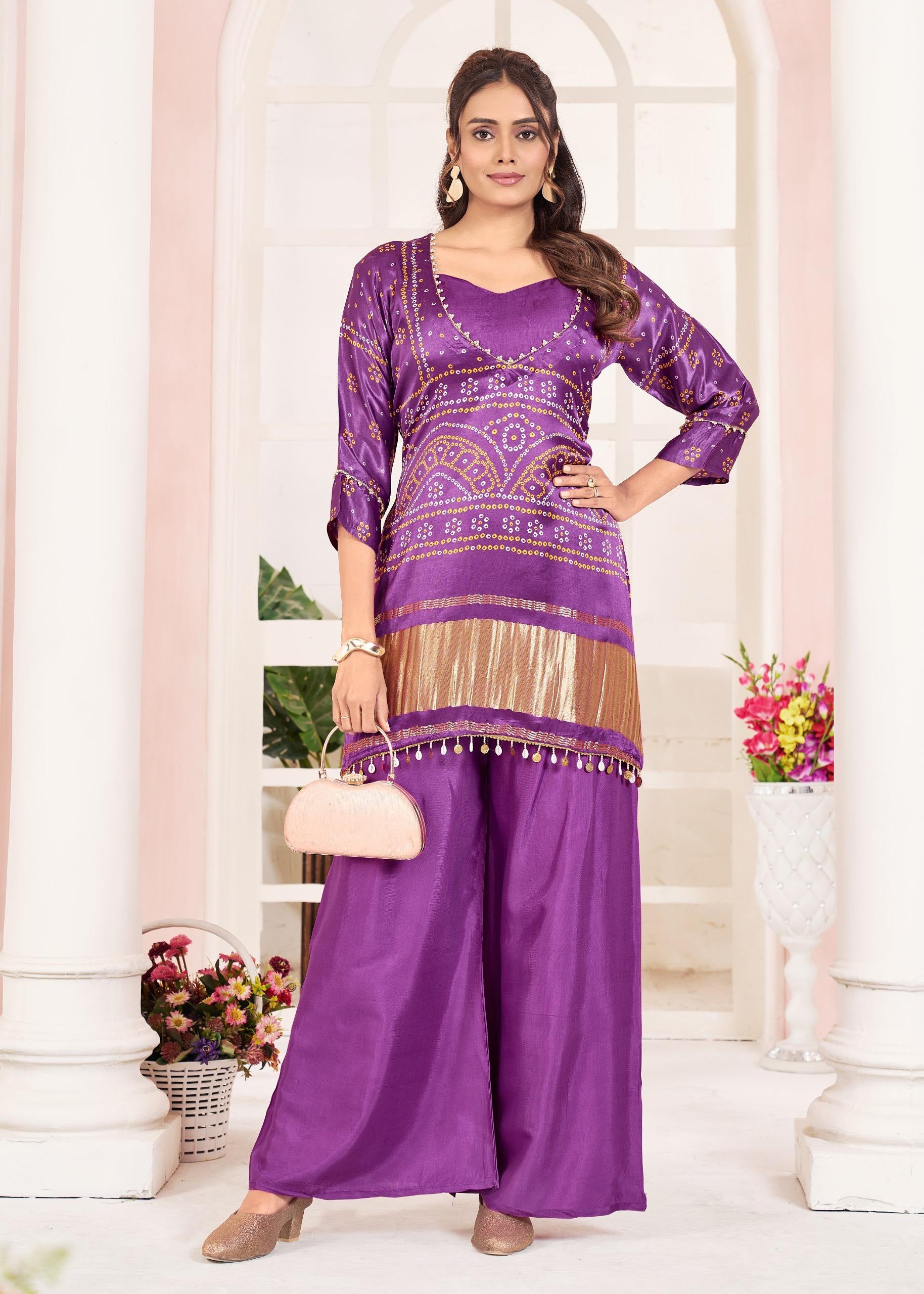 Silk Purple Bandhej Kurti Palazzo Set – Zari Bandhej Look