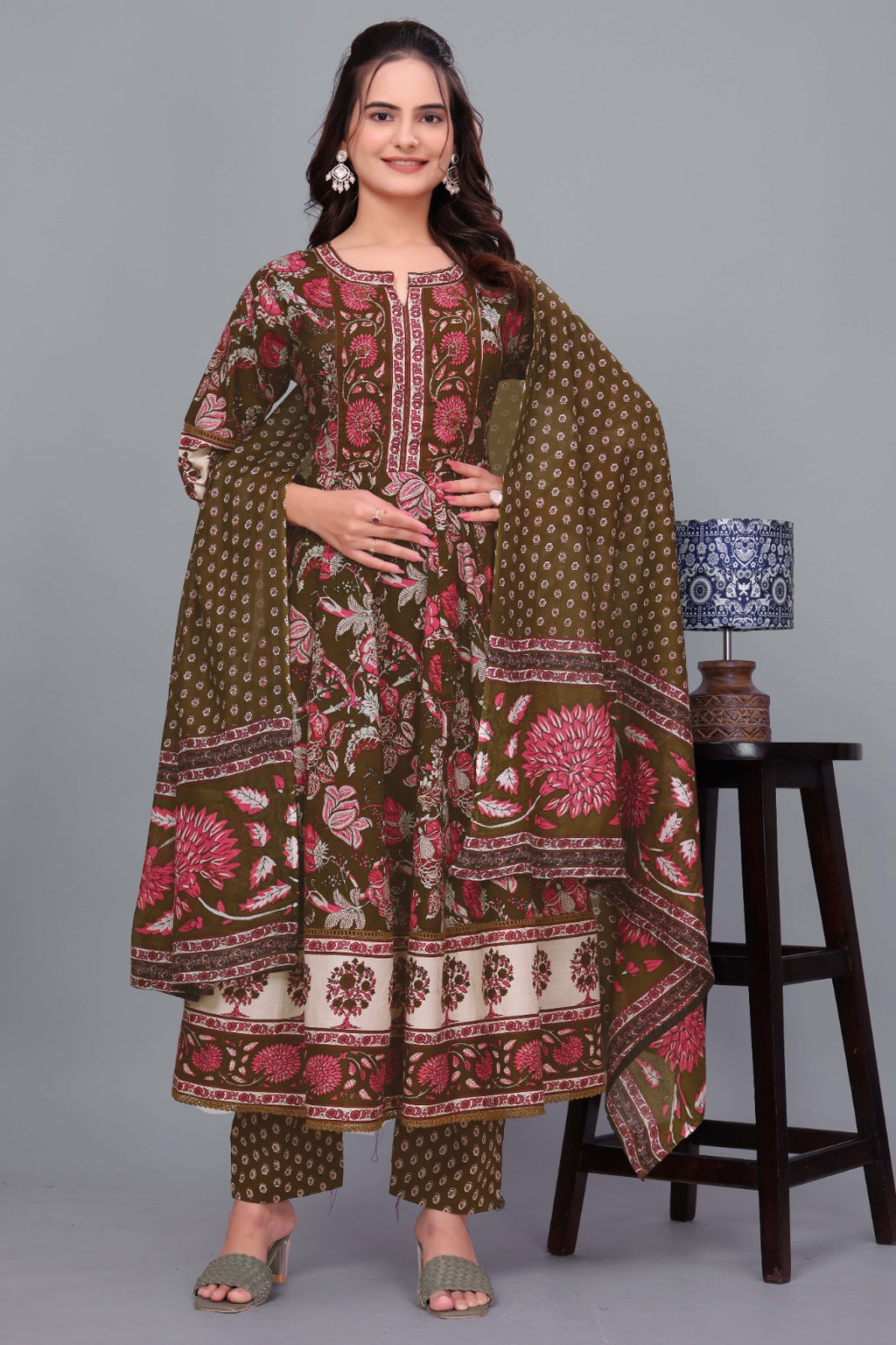 Jaipuri Cotton Block Print 3-Piece Suit Set – Moti Work Neck