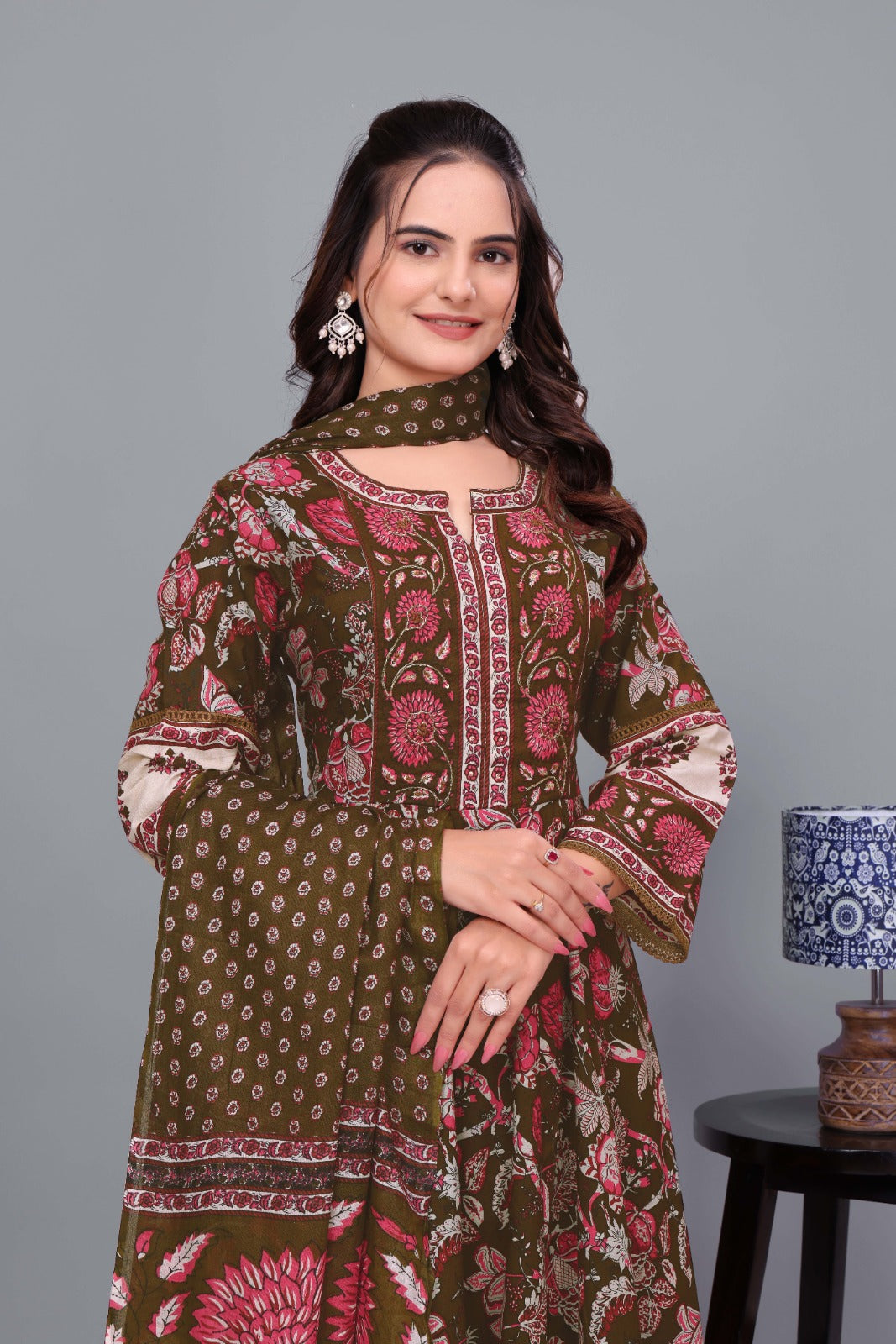 Jaipuri Cotton Block Print 3-Piece Suit Set – Moti Work Neck
