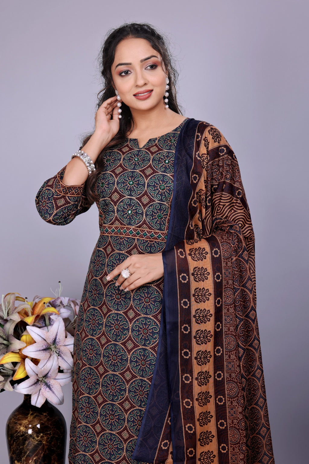 Blue Brown Azamakh Style Zari & Mirror Work 2-Piece Set