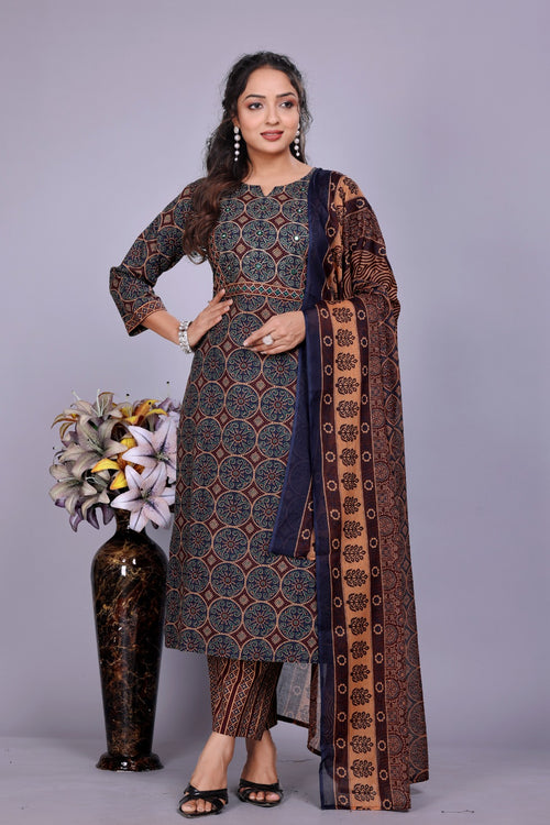 Blue Brown Azamakh Style Zari & Mirror Work 2-Piece Set