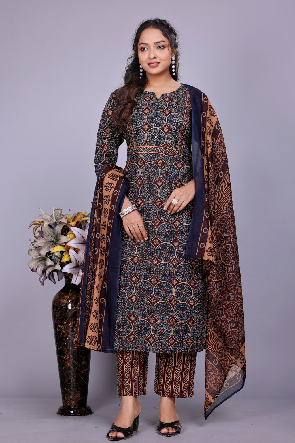 Blue Brown Azamakh Style Zari & Mirror Work 2-Piece Set