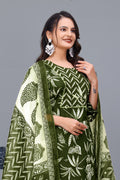 Dark Green Poplin Zari Embroidered Neck Work 3-Piece Kurta Set with Dupatta