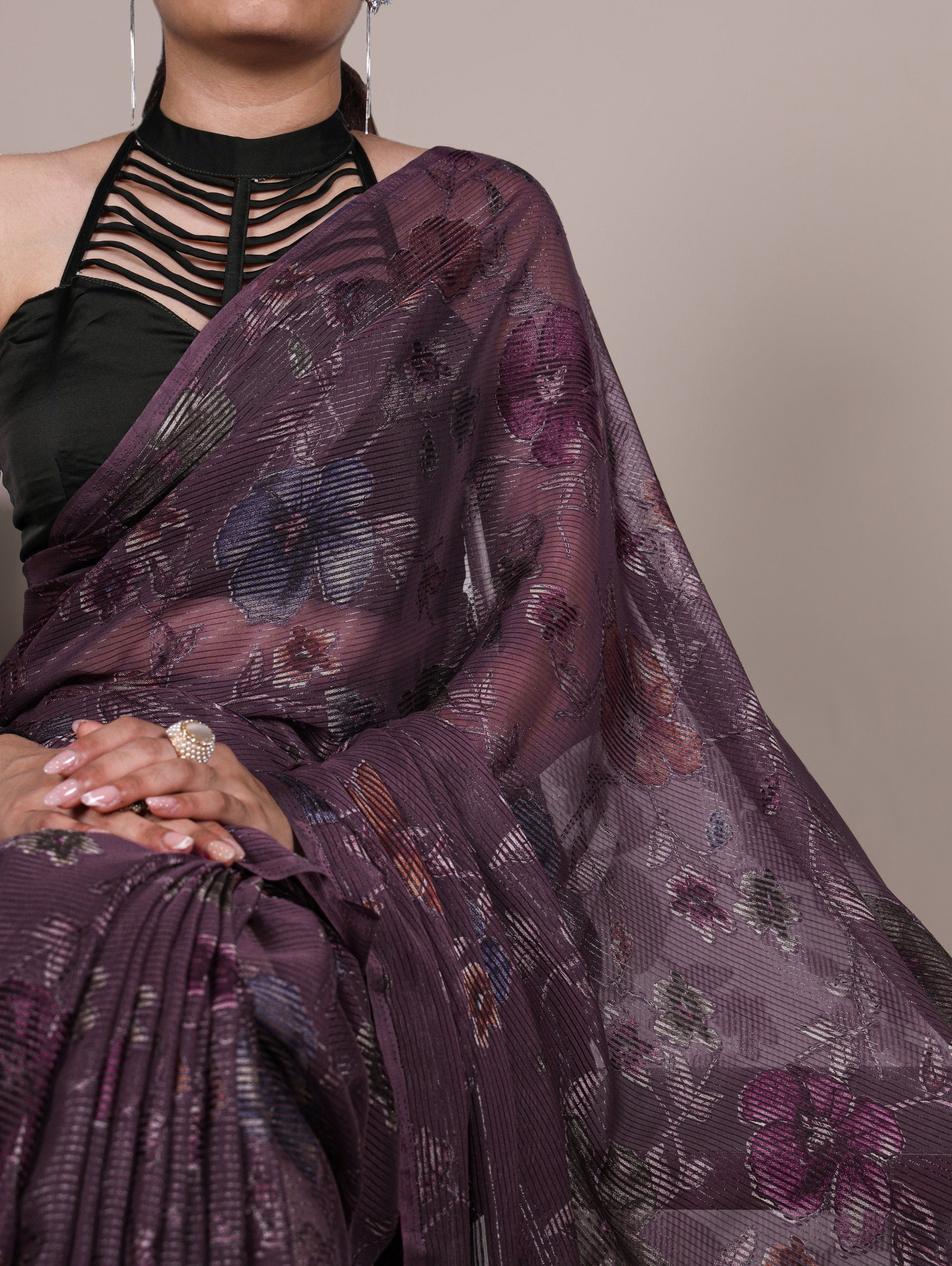 Floral Print Saree with Modern Pleated Texture