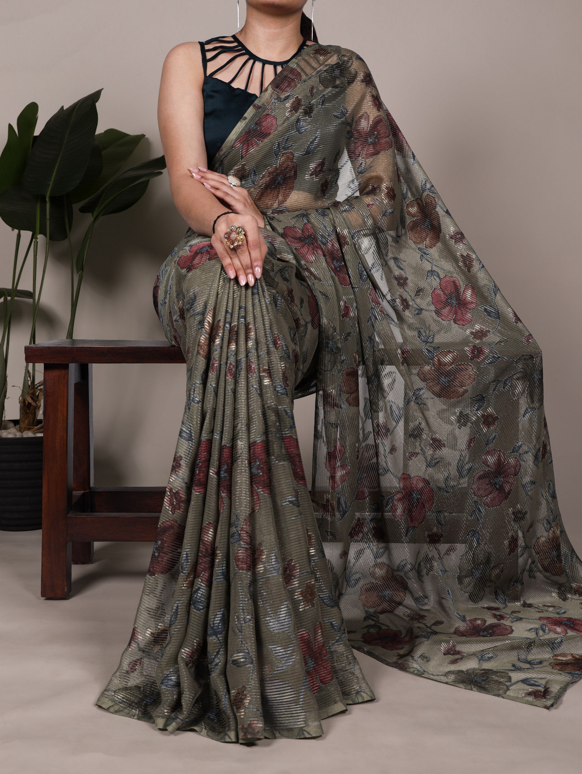 Floral Print Saree with Modern Pleated Texture