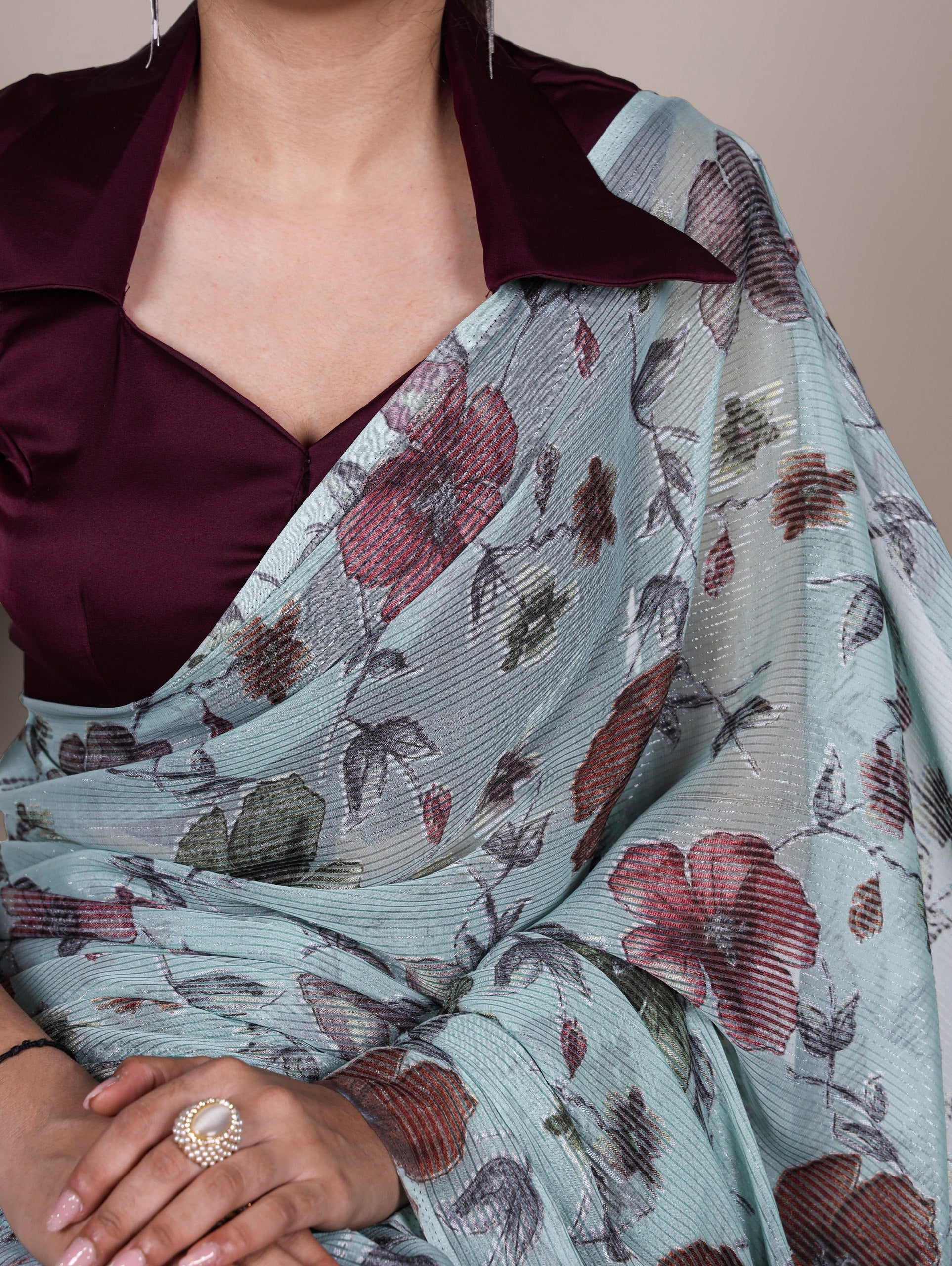 Floral Print Saree with Modern Pleated Texture