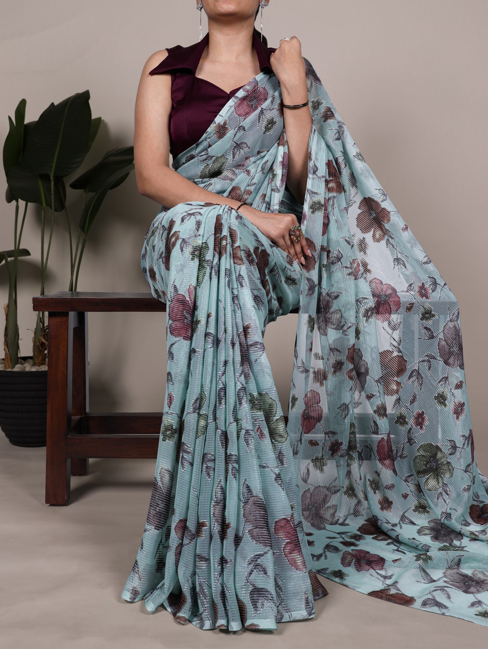 Floral Print Saree with Modern Pleated Texture