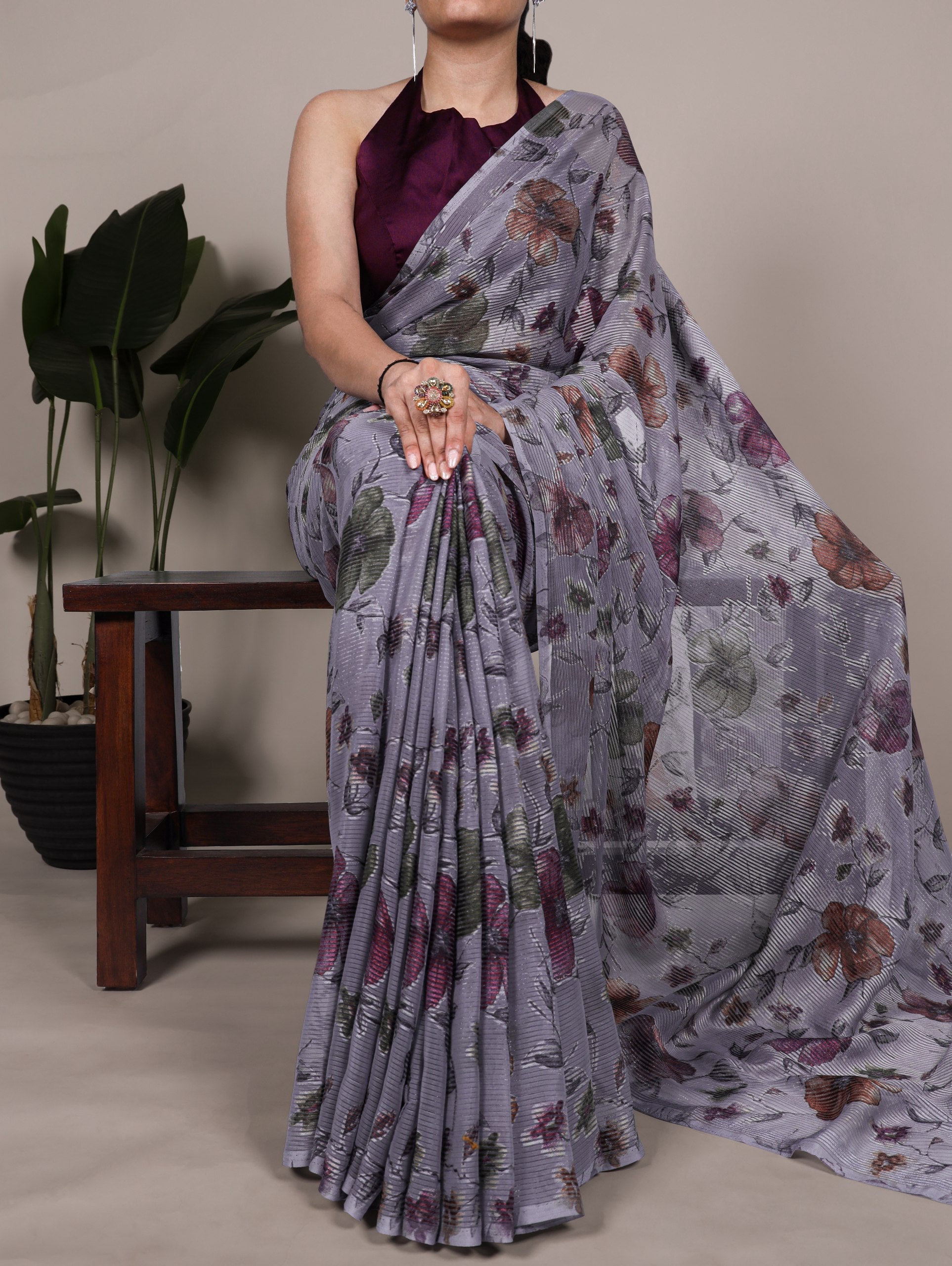 Floral Print Saree with Modern Pleated Texture
