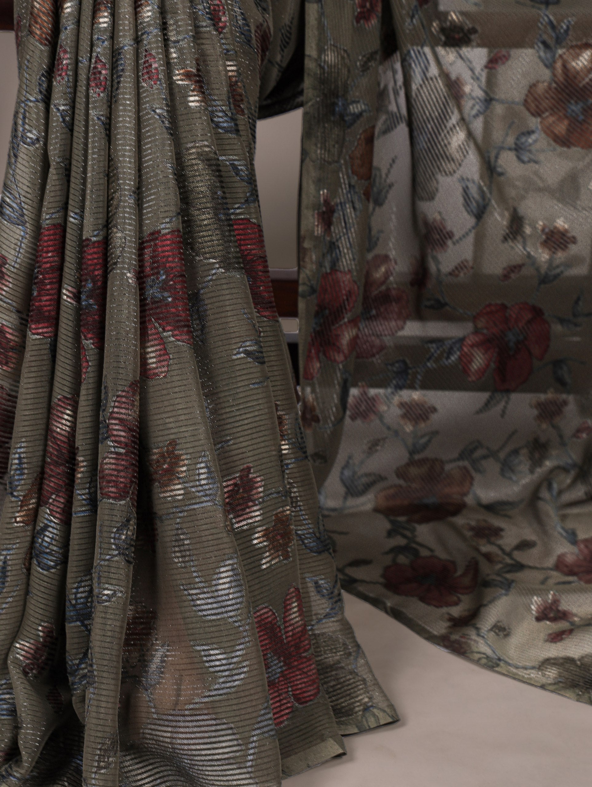 Floral Print Saree with Modern Pleated Texture