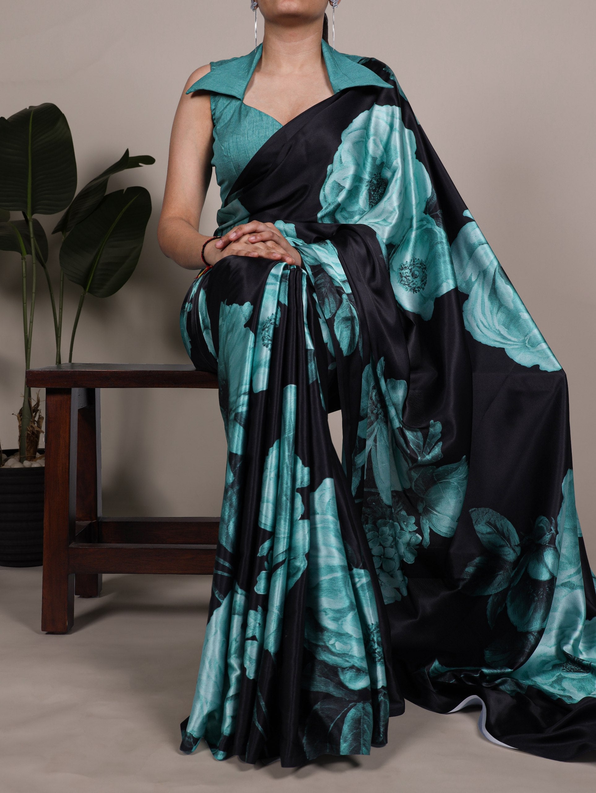 Artistic Multi-Hued Satin Silk Saree with Abstract Geometric Print