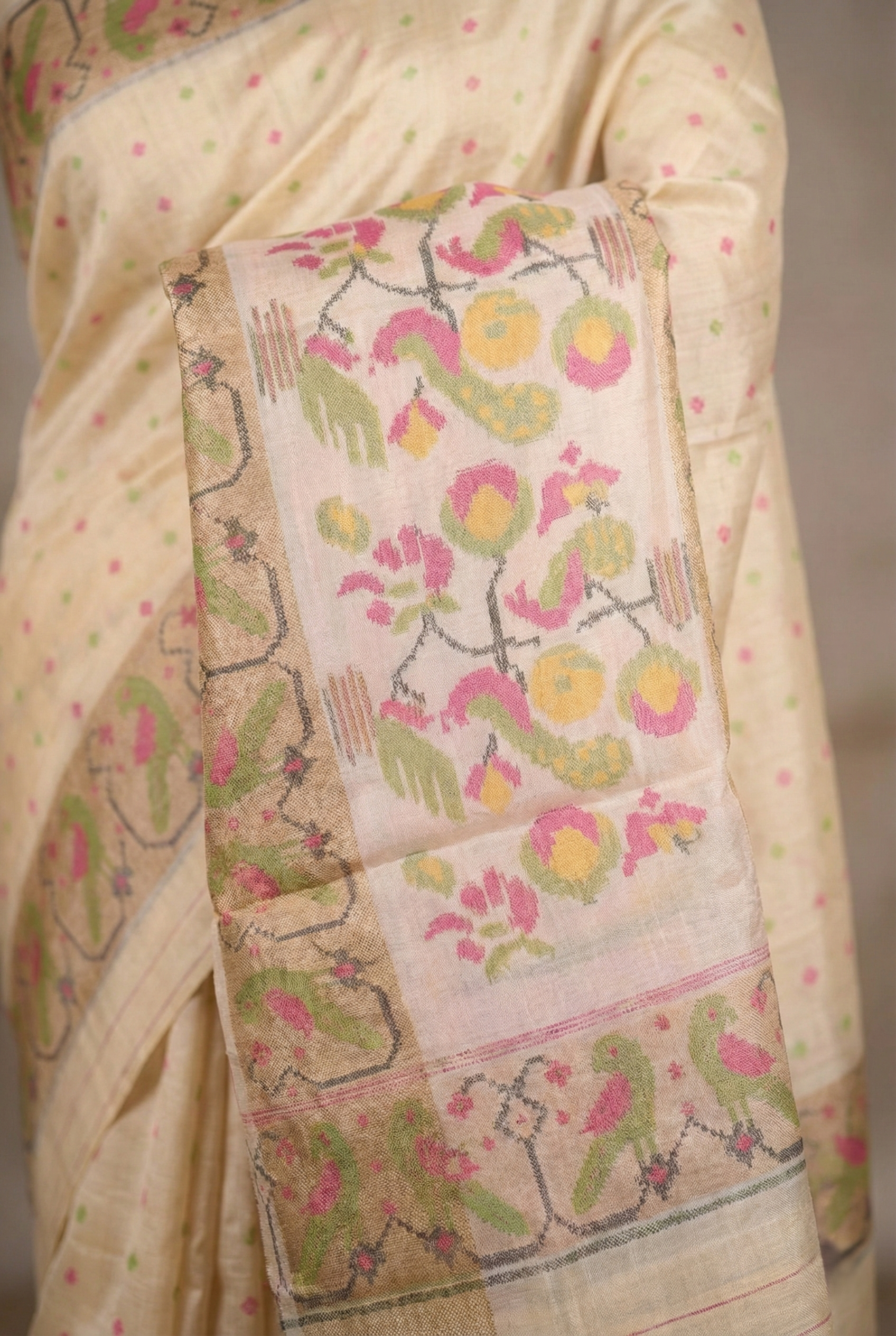 Cream and Pink Heritage Patola Silk Saree - Cream (soft ivory) base with pink accents
