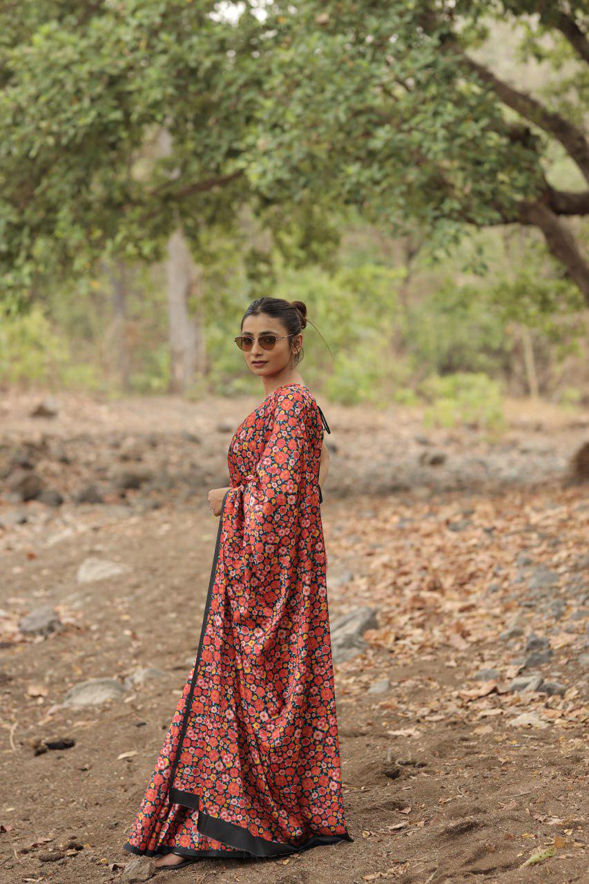 Floral Digital Print Saree Original Japan Satin (Devsena satin)