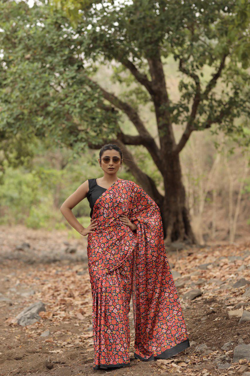 Floral Digital Print Saree Original Japan Satin (Devsena satin)