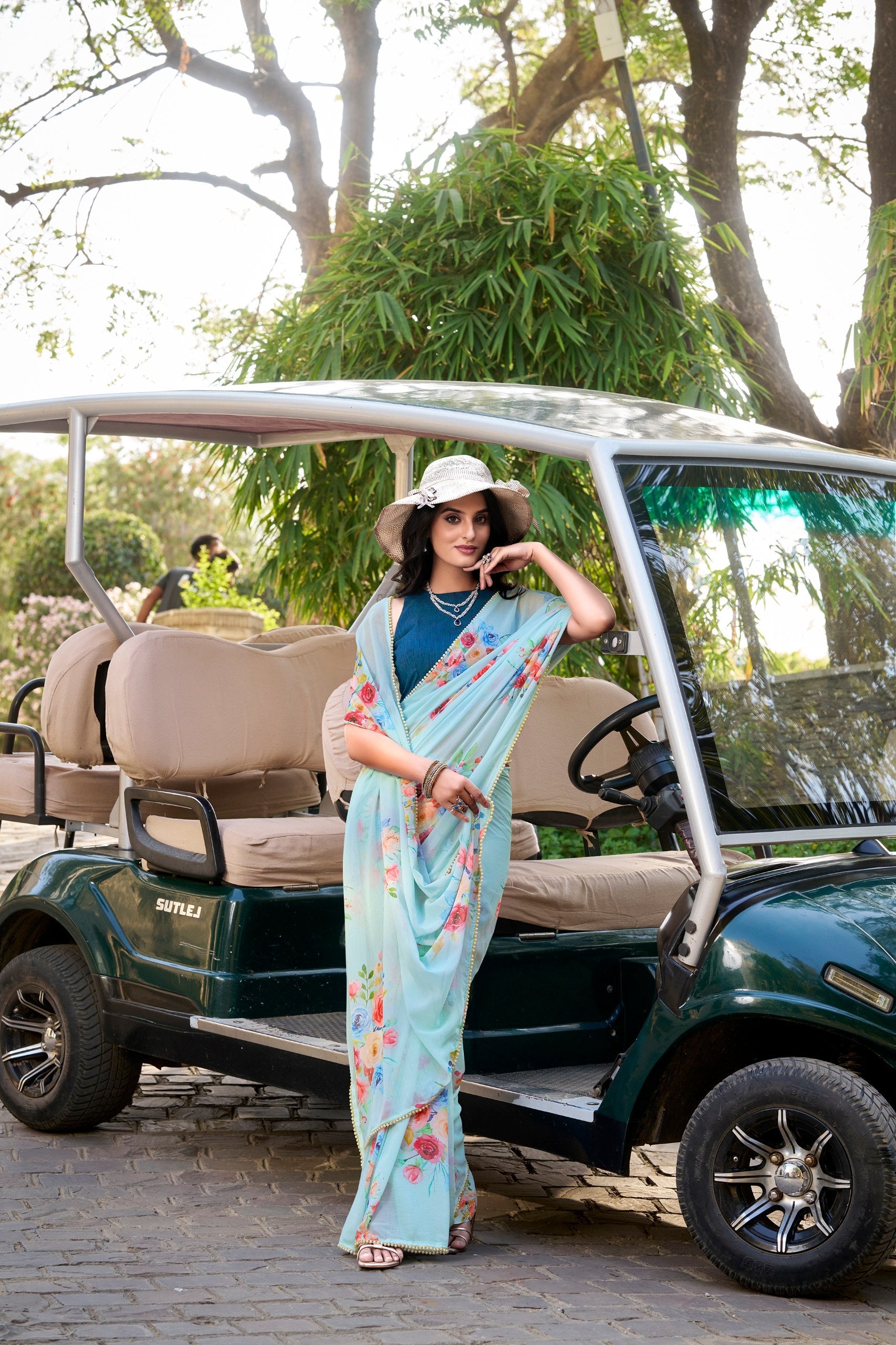 Floral Printed With Pearl Lace Border