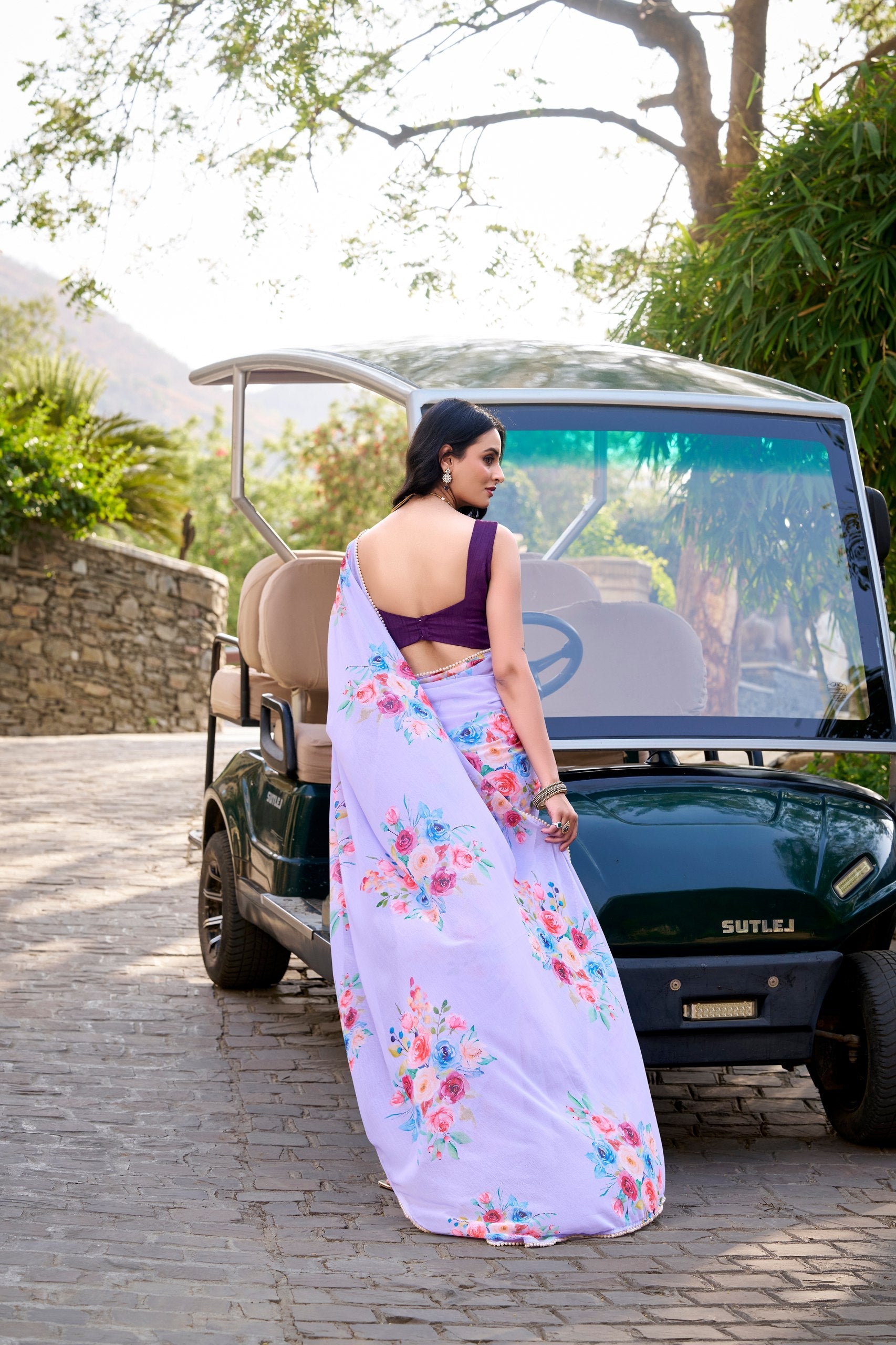 Floral Printed With Pearl Lace Border