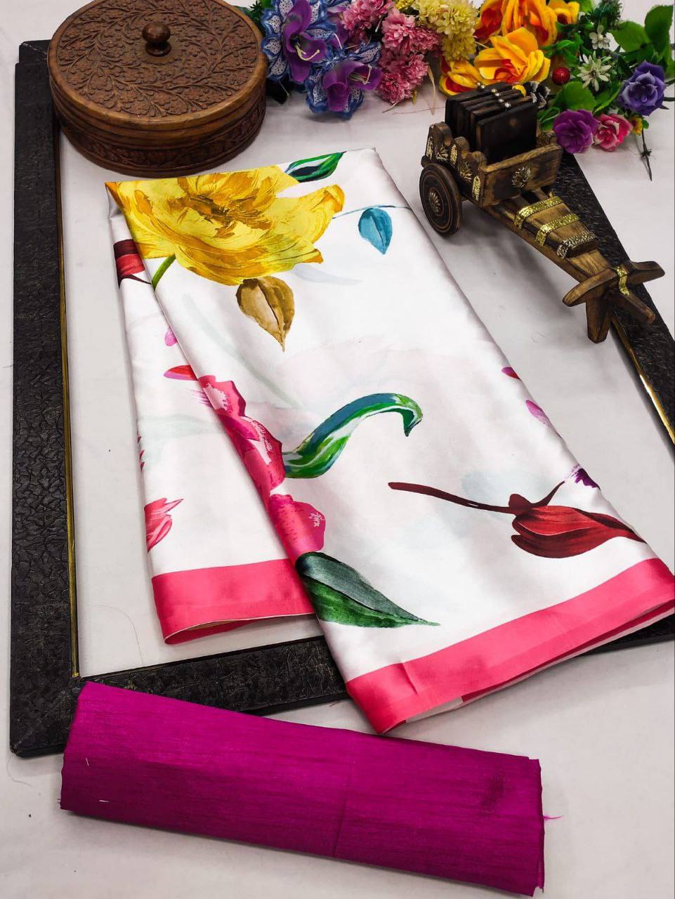 White Floral Printed Satin Silk Saree with Pink Border Digital Print  Original Japan Satin (Devsena satin)