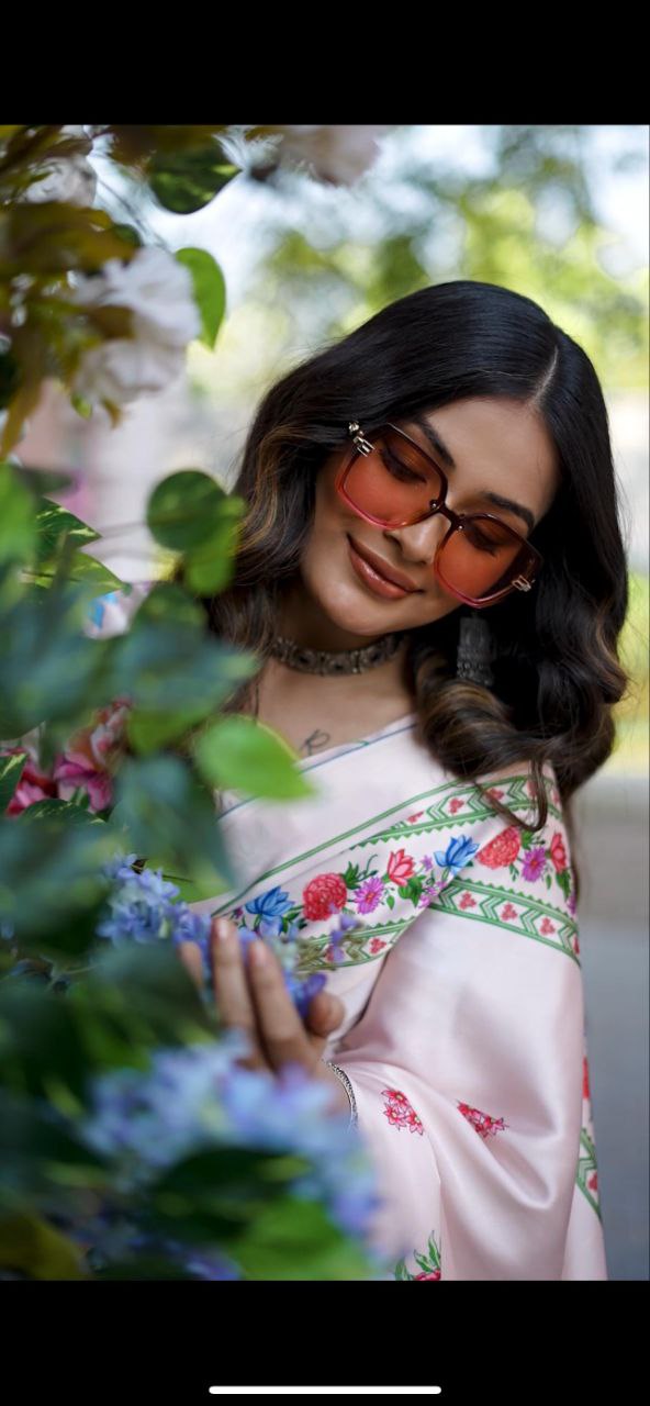 Light Pink Digital Floral Print Satin Saree Original Japan Satin (Devsena satin)