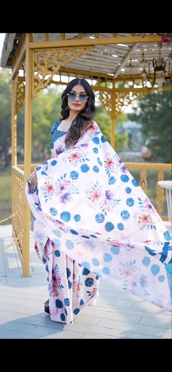 Satin Saree with Blue Polka Dot & Multi-Floral Digital Print Original Japan Satin (Devsena satin)