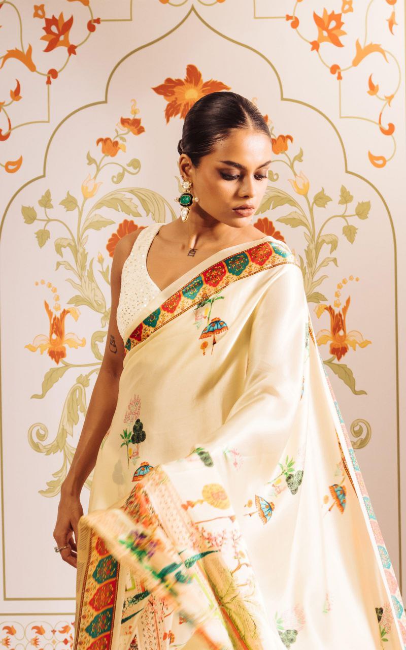 White Heritage Print Satin Saree Digital Print Original Japan Satin (Devsena satin)