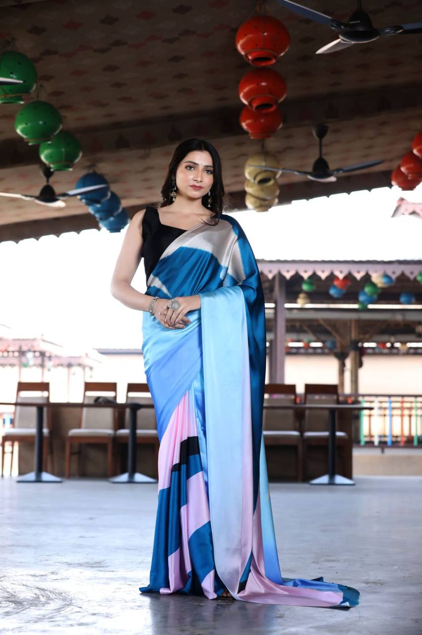 Multi-Color Block Satin Saree Digital Print Original Japan Satin (Devsena satin)